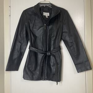 Worthington vintage full zip black genuine leather belted jacket size small